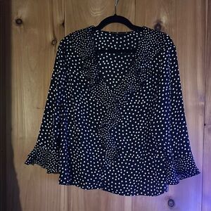 Jones New York Blue and White Ruffled Bell Sleeve Blouse